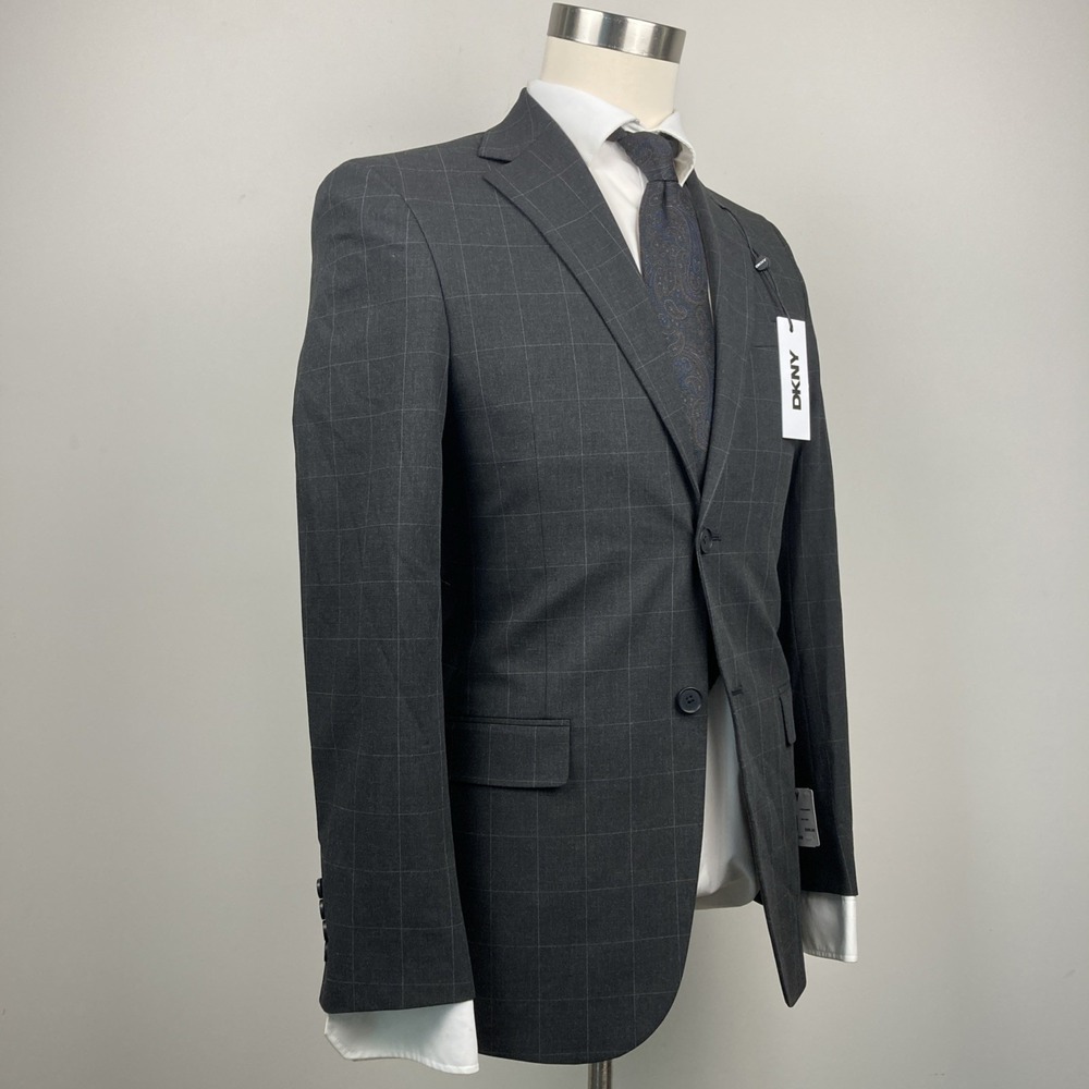 DKNY Mens Modern Fit 2 Piece Suit 36R 29W 32L Charcoal Plaid - Picture 3 of 8